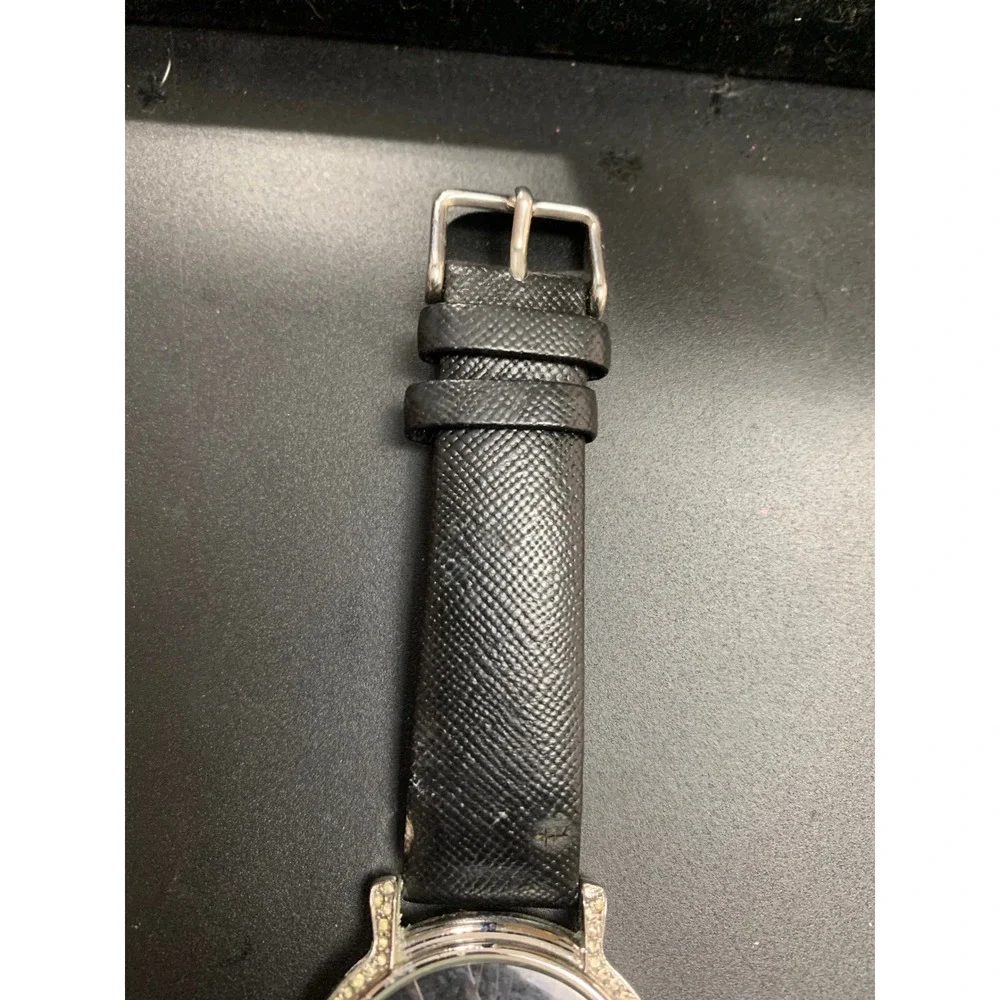 Anne Klein AK/1155 Crystal Bezel Black Dial Leather Strap Watch Womens